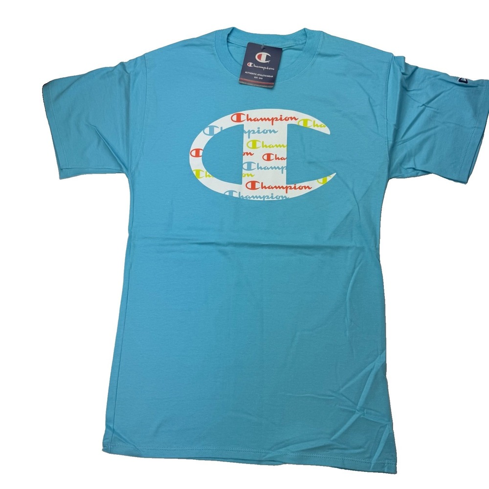 Champion Men's Small Aqua Blue Graphic Logo T Shirt 100% Cotton Tee